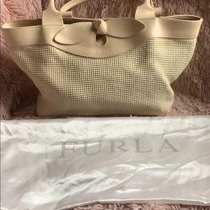 Furla light cream cloth weave and leather bag.